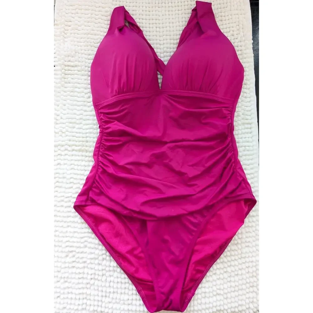 Lauren Ralph Women's One Piece Swimsuit Pink Beach Club Halter Tummy Control